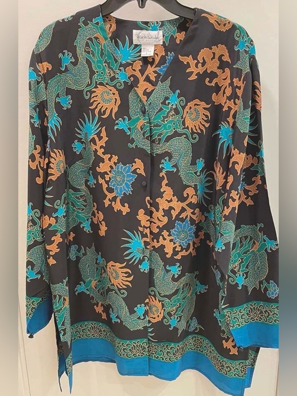 Silk Dragon Print Button-Up Blouse - Black w/Teal & Orange DVF silk assets